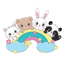 Cute Panda Bear, Cat, Teddy Bear, Rabbit with rainbow, vector illustration, Hand drawn Design print for t-shirt.