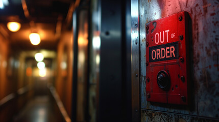 Old, eerie red out of order sign in a dim lit corridor.