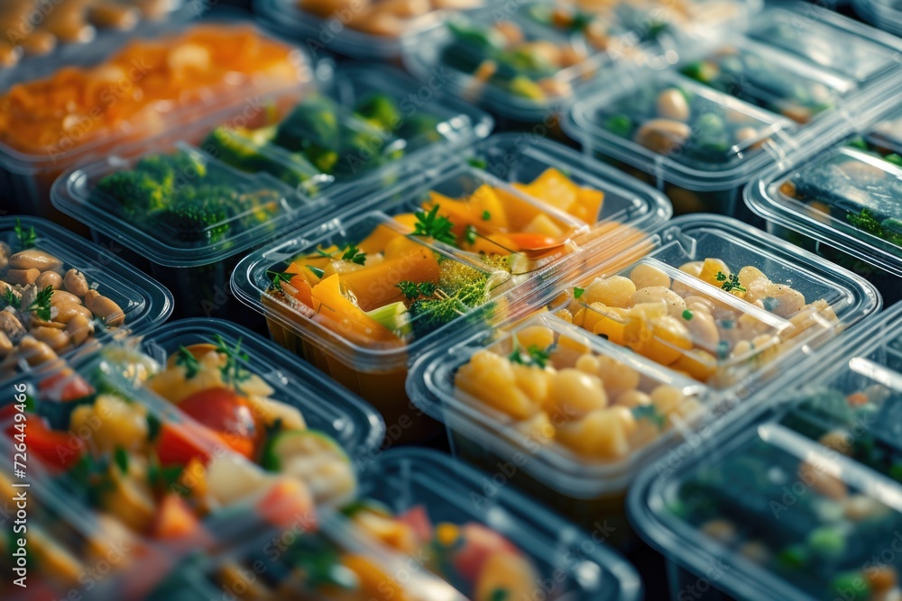 Poster a collection of plastic containers filled with various types of food. perfect for meal prep and food