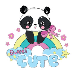 Cute Panda Bear and pink bow with rainbow, vector illustration Design print for t-shirt.