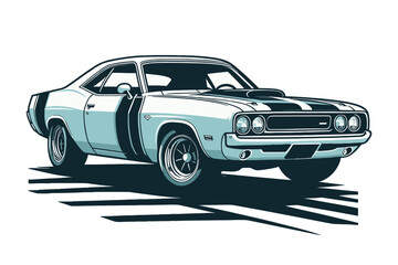 Vintage American muscle car vector illustration, classic retro custom muscle car design template isolated on white background