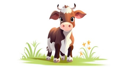 Obraz premium cartoon cow with a flower on a white background