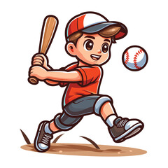 Happy cute little boy playing baseball softball in action cartoon vector illustration, hitter swinging with bat design template isolated on white background