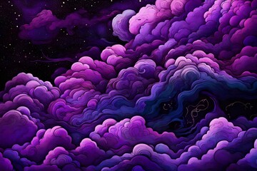 Vibrant close-up of electric violet clouds against a backdrop of inky black, resembling a surreal and cosmic dreamscape.