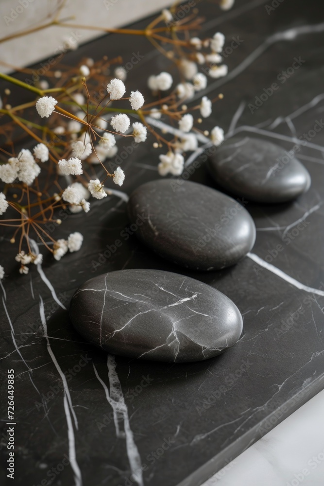 Poster Two rocks placed on a table surface. Suitable for various uses