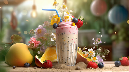 Creamy Milkshake Decorated with Fresh Flowers and Fruits - Generative AI