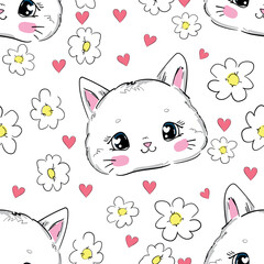 Hand Drawn Cute Cat and flowers seamless pattern vector illustration