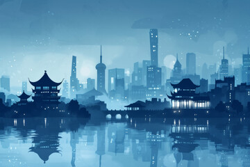 China city skyline seamless flat vector image.