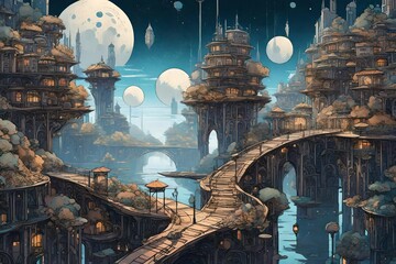 An otherworldly cityscape with floating islands, connected by intricate bridges, against a backdrop of multiple moons.