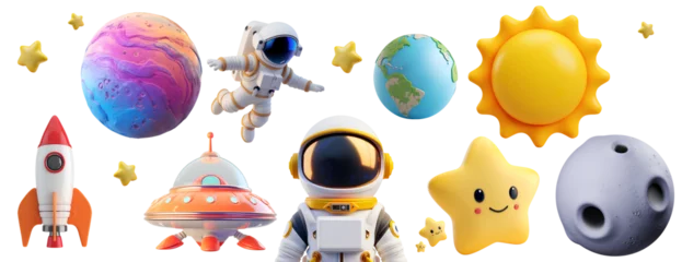 Foto op Plexiglas Collection of 3D Realistic Cartoon Space Elements: Rocket, UFO, Astronaut, Star, Planet, Sun, Earth, Moon. Glossy Cute Children Objects in Minimal Style, Isolated on Transparent Background, PNG © Only Best PNG's