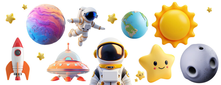 Collection of 3D Realistic Cartoon Space Elements: Rocket, UFO, Astronaut, Star, Planet, Sun, Earth, Moon. Glossy Cute Children Objects in Minimal Style, Isolated on Transparent Background, PNG