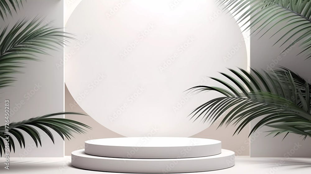 Poster abstract white 3d room with realistic white cylindrical pedestal podium set and shadow overlay of pa