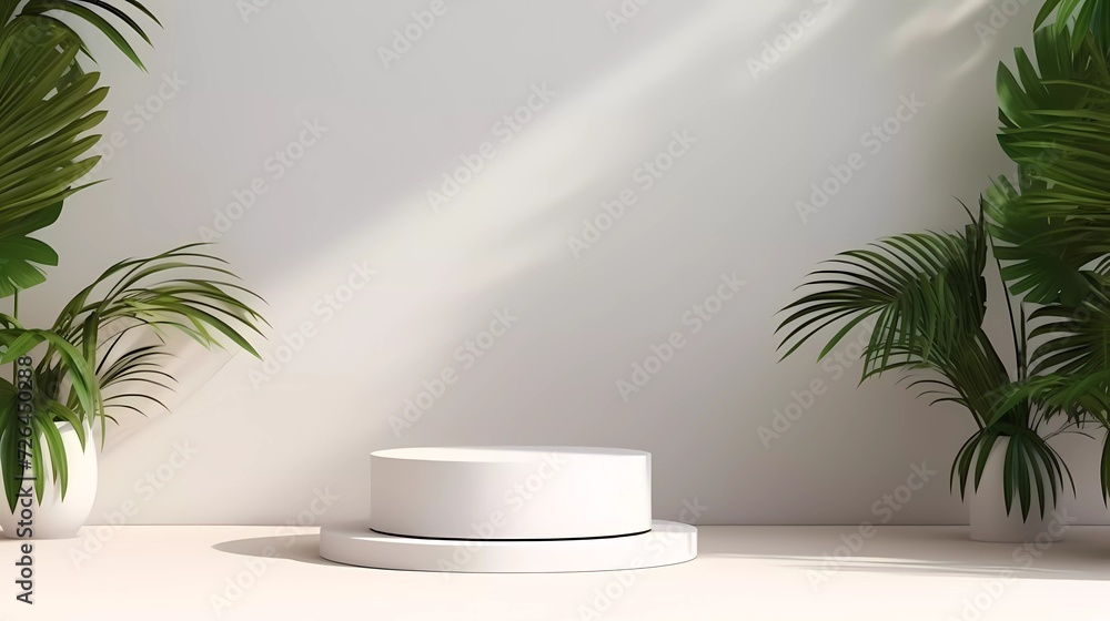Poster abstract white 3d room with realistic white cylindrical pedestal podium set and shadow overlay of pa