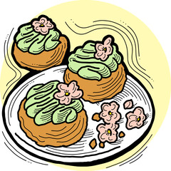 Sweet dessert cake with fruits for celebration birthday party or wedding, tasty breakfast. For cafe, restaurant menu print, postcard or poster. Hand drawn illustration. Cartoon style line art drawing.