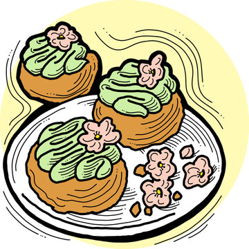 three pastries with green frosting on plate clip art preview
