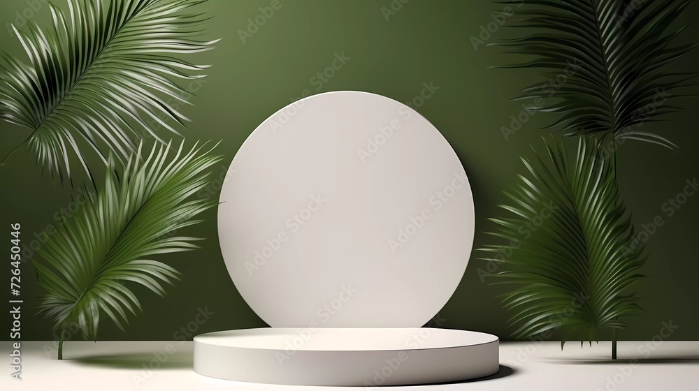 Poster abstract white 3d room with realistic white cylindrical pedestal podium set and shadow overlay of pa