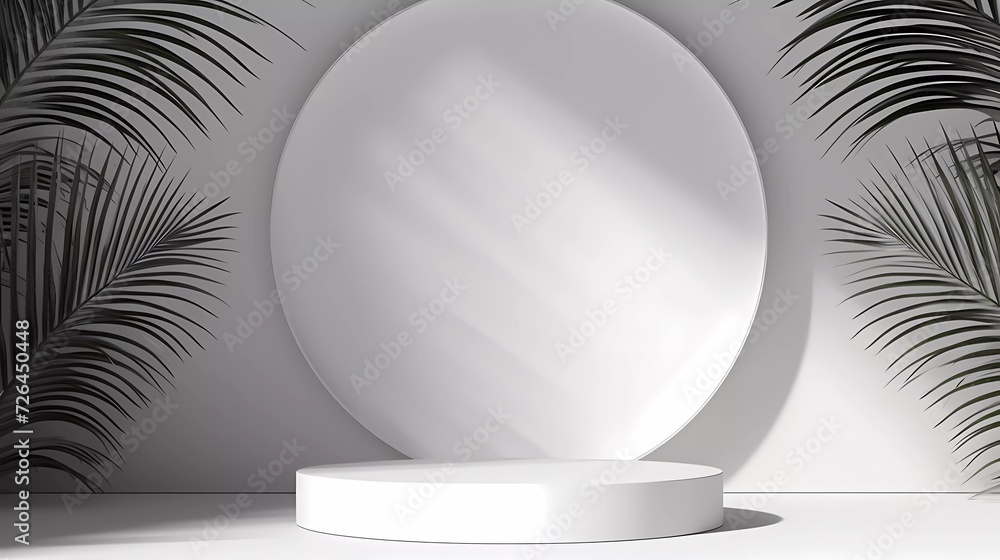 Poster abstract white 3d room with realistic white cylindrical pedestal podium set and shadow overlay of pa