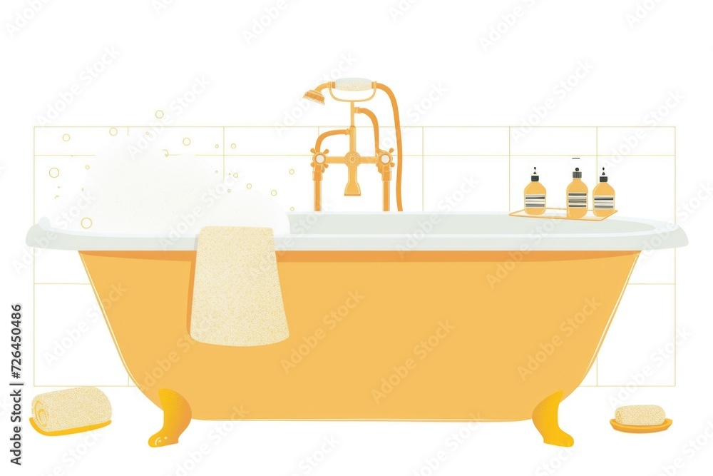 Poster a bathtub filled with soap, sponges, and a towel. perfect for showcasing bathroom essentials. use th