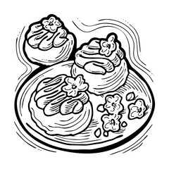 Sweet dessert cake with fruits for celebration birthday party or wedding, tasty breakfast. For cafe, restaurant menu print, postcard or poster. Hand drawn illustration. Cartoon style line art drawing.