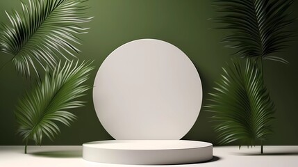 Abstract white 3D room with realistic white cylindrical pedestal podium set and shadow overlay of palm leaves. Minimal scene for product display presentation. generative ai