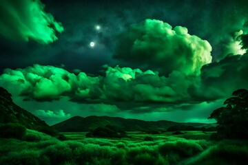 Intimate view of vibrant emerald clouds illuminated by the soft glow of moonlight, creating a mystical and enchanting nocturnal scene.