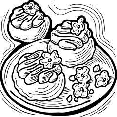 Sweet dessert cake with fruits for celebration birthday party or wedding, tasty breakfast. For cafe, restaurant menu print, postcard or poster. Hand drawn illustration. Cartoon style line art drawing.