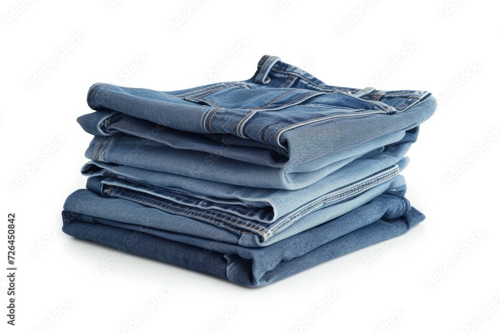 Poster a stack of blue jeans neatly piled on top of each other. perfect for fashion-related projects or sho