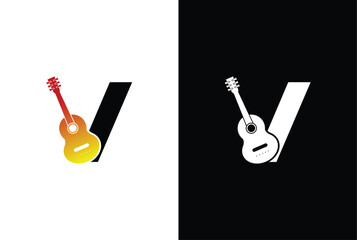 Initial Letter V with Guitar logo design. Music company with V letter guitar logo design template for brand or company and other. - obrazy, fototapety, plakaty