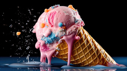 Melting Ice Cream Sprinkled with Sugar in a Waffle Cone in a Black Background - Generative AI