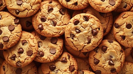 Background with freshly baked tasty chocolate chip cookies, food pattern - obrazy, fototapety, plakaty