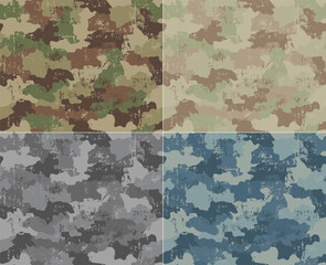 Set of urban, woodland, desert and navy camouflage seamless pattern. Grunge and scratch texture.