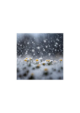 Margaritas floreciendo bajo una lluvia de nieve con copos en forma de cristal y de flores, presagiando ya la Primavera en las últimas nevadas del invierno. 