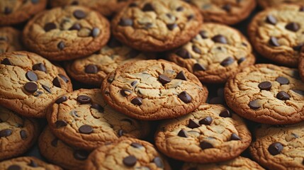 Background with freshly baked tasty chocolate chip cookies, food pattern