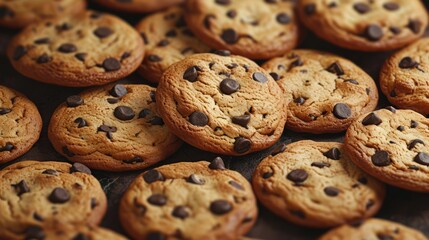 Background with freshly baked tasty chocolate chip cookies, food pattern