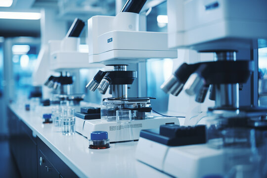 Microscope and test tubes in laboratory. Laboratory research and development concept.