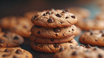 Close up of freshly baked tasty chocolate chip cookies on wooden desk