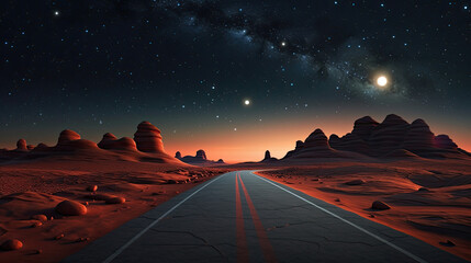 Cosmic Sunset Illuminated Path Amid Splendid Sand Formations - Generative AI - obrazy, fototapety, plakaty