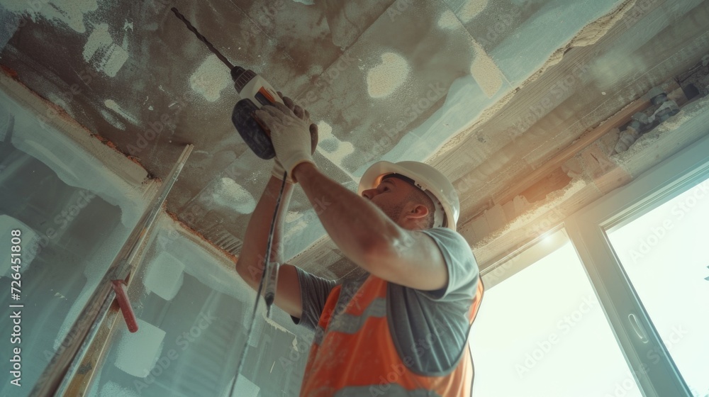 Poster a construction worker is shown working on a ceiling. this image can be used to depict construction p