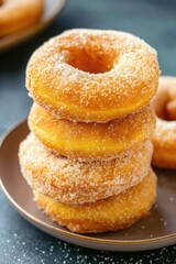 A stack of donuts sitting on top of a plate. Perfect for food lovers and bakery enthusiasts