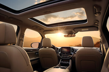 Modern car interior. Interior of prestige modern car. Comfortable leather seats. Steering wheel and dashboard.