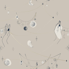 Celestial seamless vector pattern. Pattern with woman hands, stars, moons- 726452232
