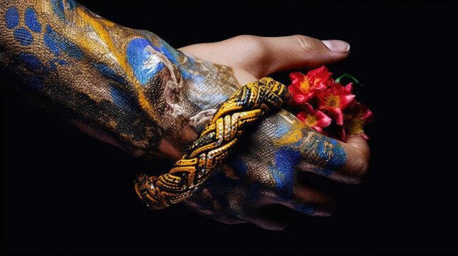 Artistic Tattooed Hand Holding a Living Bouquet and Snakeskin - Generative AI