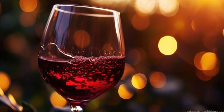A close-up view of a glass of wine on a table. This image can be used to depict relaxation, celebration, or a romantic setting