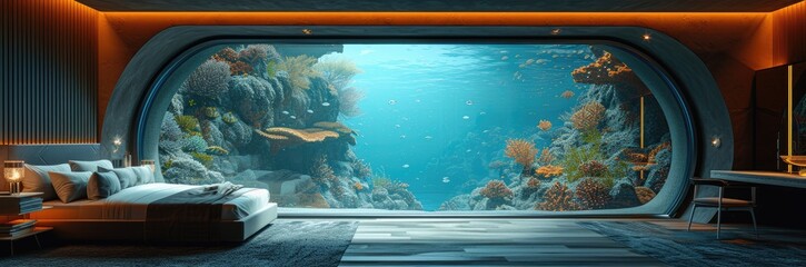 Undersea hotel with views of coral reefs and marine life 
