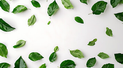 a white background with green leaves flying across it
