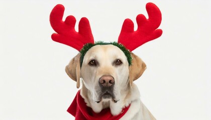 Dog christmas reindeer antlers. Funny labrador with holidays costume isolated in white background