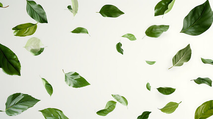 a white background with green leaves flying across it