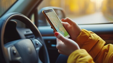 A person is seen holding a cell phone inside a car. This image can be used to depict distracted driving or mobile phone usage while driving