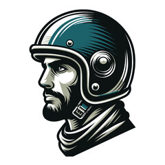 Vintage label man in a helmet design vector illustration for t-shirt print, poster, emblem. Motorcycle biker logo badge template isolated on white background