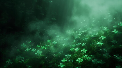 Fototapeta na wymiar green shamrocks moving as a dark background